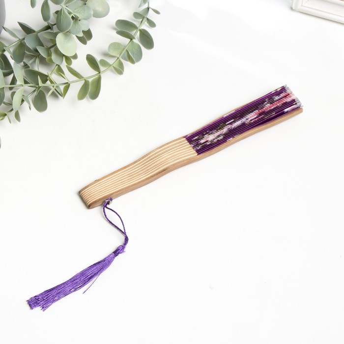 Веер бамбук, текстиль h=21 см изгиб, с кистью "Цветы" в коробке, фиолетовый - фото 1907799050