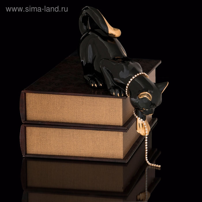 статуэтка "Кошка с цепочкой", черная с золотом, керамика, стразы Swarowski, 29x10xh:31 см - Фото 1