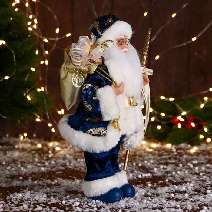 Дед Мороз "С охапкой подарков и бантом" 30 см, синий - фото 1909261256