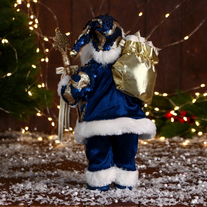 Дед Мороз "С охапкой подарков и бантом" 30 см, синий