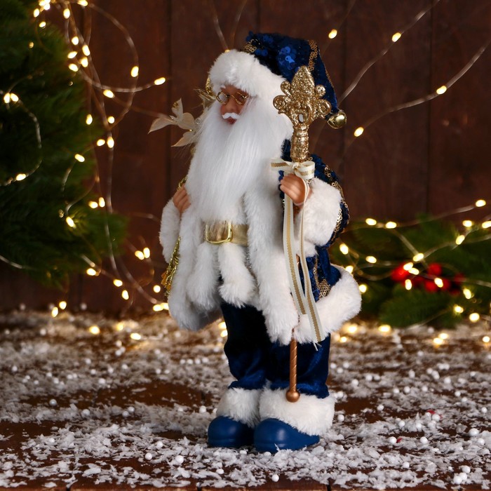 Дед Мороз "С охапкой подарков и бантом" 30 см, синий - фото 1909261258