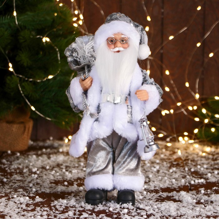 Дед Мороз &quot;В костюме с пайетками и с фонарём&quot; 30 см, серебро