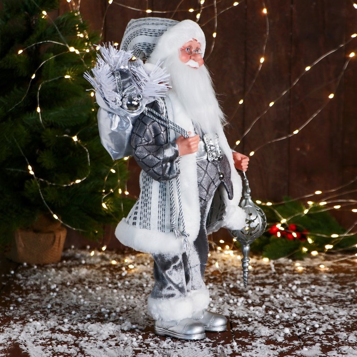 Дед Мороз "Клетчатом жилете " музыка шевелит головой, 43 см, серый - фото 1909261264