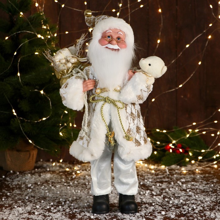 Дед Мороз "В узорчатом кафтане" музыка шевелит головой, 43 см, бело-золотой - фото 1909261267