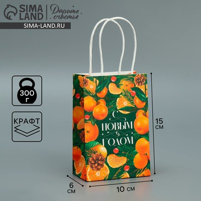 Пакет подарочный новогодний крафтовый «Мандариновое настроение», 15×10×6 см