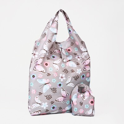 Сумка хозяйственная «Бабочки», на кнопке, складная, светло-серая