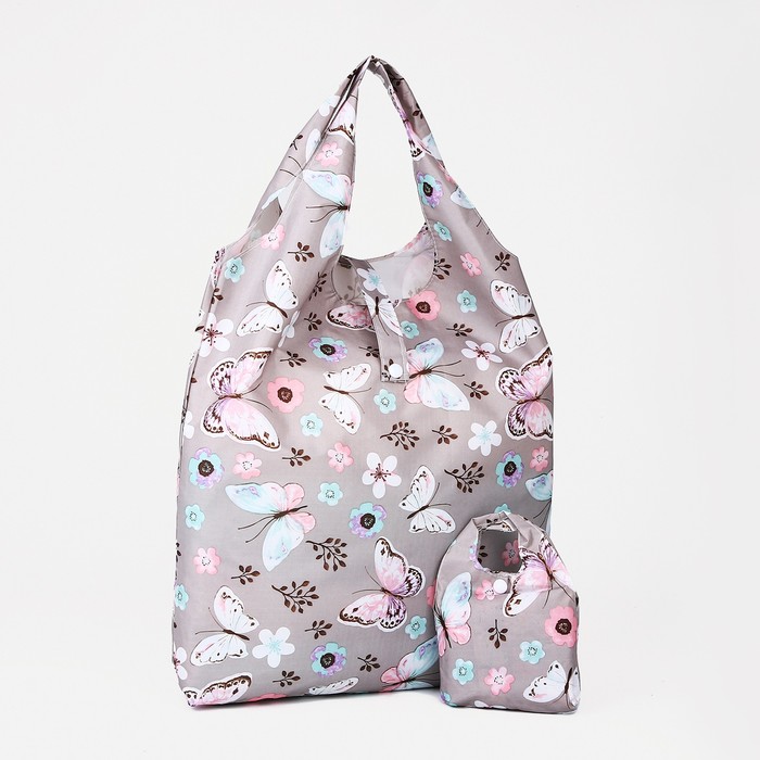 Сумка хозяйственная «Бабочки», на кнопке, складная, светло-серая - Фото 1