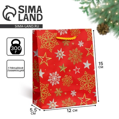 Пакет подарочный новогодний ламинированный «Звёздные снежинки», S 12×15×5.5 см