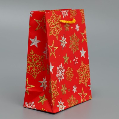 Пакет подарочный новогодний ламинированный «Звёздные снежинки», S 12 х 15 х 5.5 см