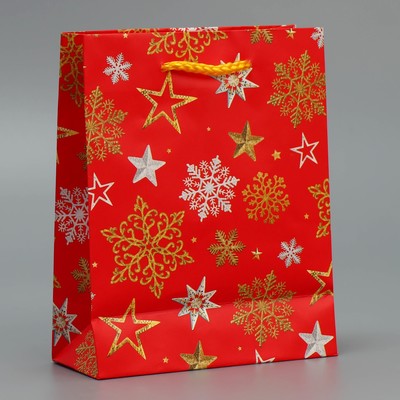 Пакет подарочный новогодний ламинированный «Звёздные снежинки», S 12 х 15 х 5.5 см