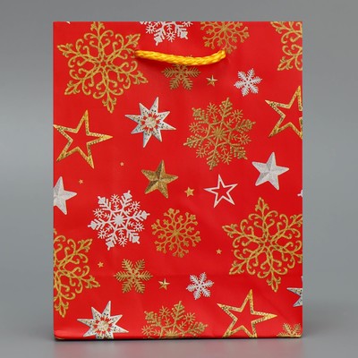 Пакет подарочный новогодний ламинированный «Звёздные снежинки», S 12 х 15 х 5.5 см
