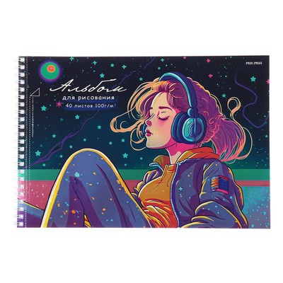 Альбом для рисования А4 40 листов на гребне "Девушка в наушниках", обложка мелованный картон, твин-лак, фольга, блок 100 г/м2