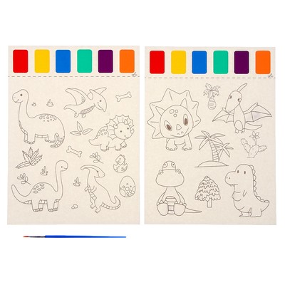 Раскраска «Мир динозавров», 2 листа, 6 цветов краски, кисть