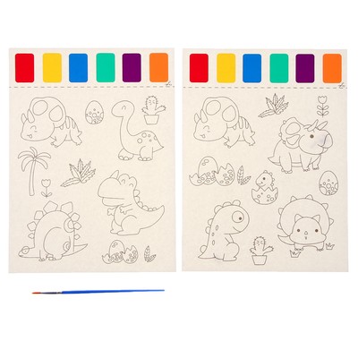 Раскраска «Динозаврики», 2 листа, 6 цветов краски, кисть
