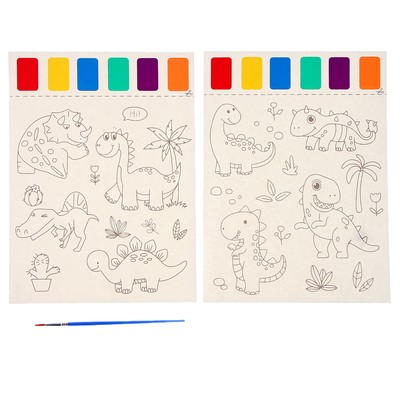 Раскраска «Милые динозавры», 2 листа, 6 цветов краски, кисть