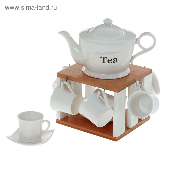 Сервиз керамический чайный "Эстет. Tea", 13 предметов на подставке: чайник 600 мл, 6 чашек 100 мл, 6 блюдец - Фото 1