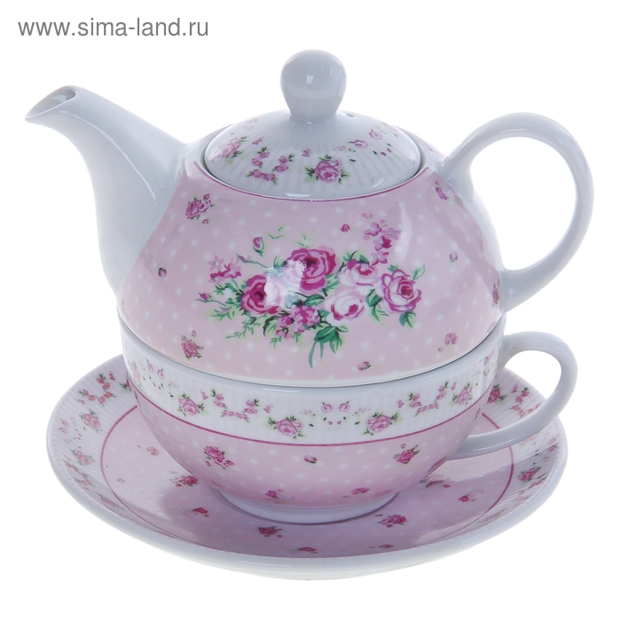 Набор чайный «Рондо», 3 предмета: чайник 330 мл, чашка 260 мл, блюдце d=15 см, цвет розовый - Фото 1