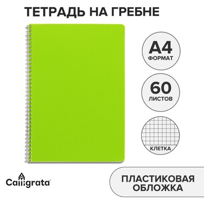 Тетрадь на гребне A4 60 листов в клетку Calligrata Зелёная, пластиковая обложка, блок офсет МИКС