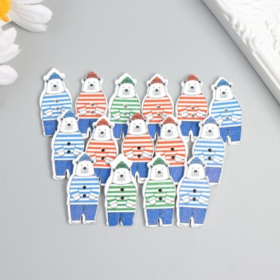 Пуговицы дерево для творчества 2 прокола «Медведь в тельняшке», набор 16 шт., 1.6×3.5 см