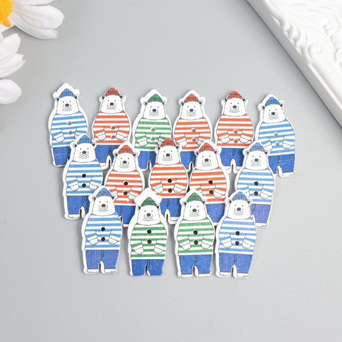 Пуговицы дерево для творчества 2 прокола «Медведь в тельняшке», набор 16 шт., 1.6×3.5 см - Фото 1