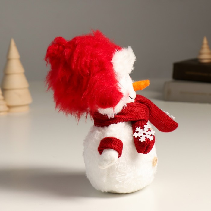 Кукла интерьерная "Снеговик в красной шапке ушанке-колпаке" 19 см - фото 1907802781