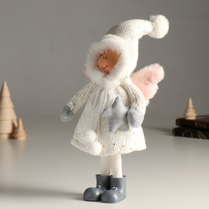 Кукла интерьерная "Ангелочек Еся в белом вязаном платье, с капюшоном-колпаком" 34 см - фото 1907802796