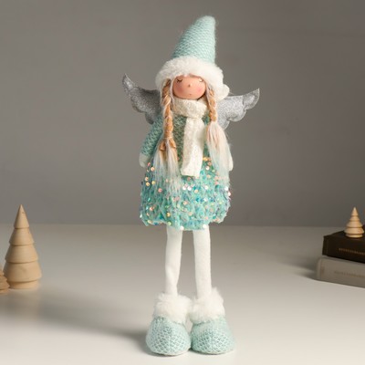 Интерьерная кукла текстильная «Ангелочек в бирюзовом наряде с пайетками, серебристые крылья», 49 см
