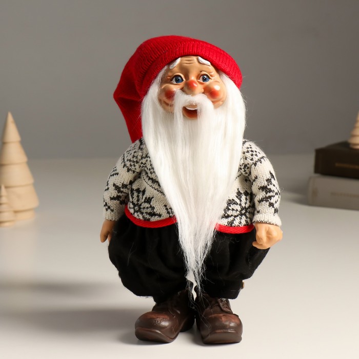 Кукла интерьерная "Дед Мороз в красном колпаке и вязанном свитером в узорах" 29 см - Фото 1