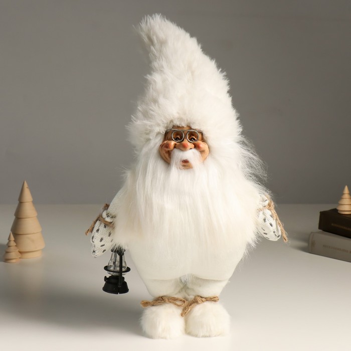 Кукла интерьерная "Дед Мороз в белой мохнатой шубке и колпаке, с фонариком" 43 см - Фото 1