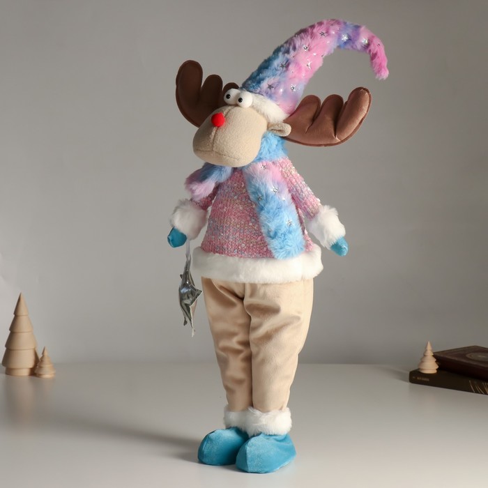 Кукла интерьерная "Лосик в розовом свитере с мехом и голубом колпаке, со звёздочкой" 61,5 см   94880