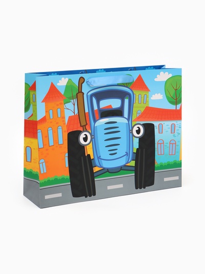 Пакет подарочный ламинированный 40×31×11.5 см, Синий трактор
