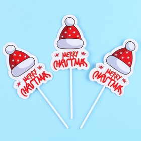 Топпер новогодний для торта Merry Christmas, 3 шт. (комплект 5 шт)