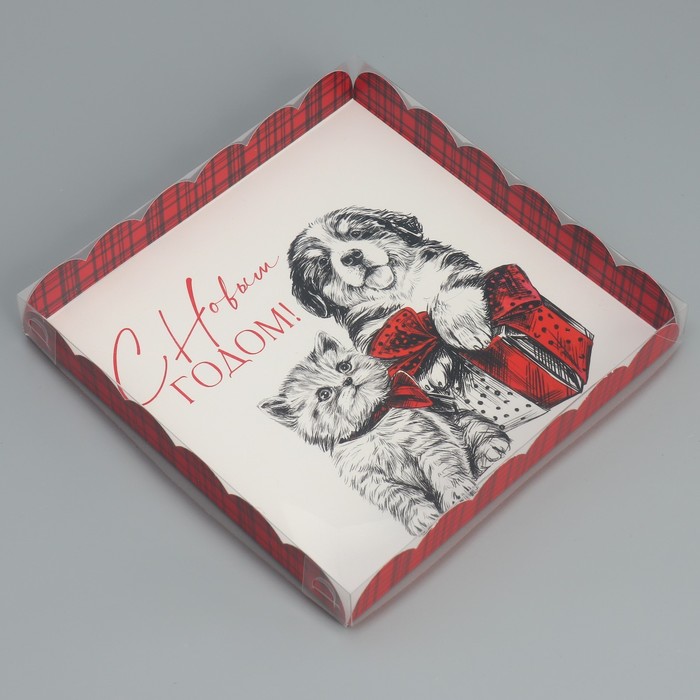 Коробка для кондитерских изделий с PVC крышкой «С Новым годом!», кот и пёс, 21 × 21 × 3 см