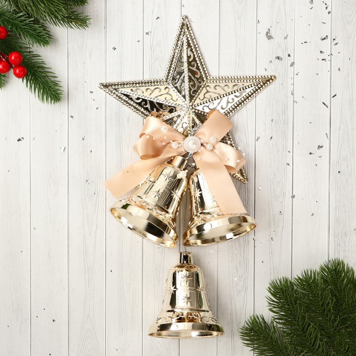 Украшение новогоднее "Уютная сказка" колокольчики звезда бант бусинки, 16х31 см, золото