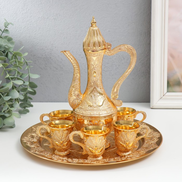 Набор посуды сувенирной: винный кувшин, 6 бокалов и поднос «Стамбул. Медальон и узоры», золото - Фото 1