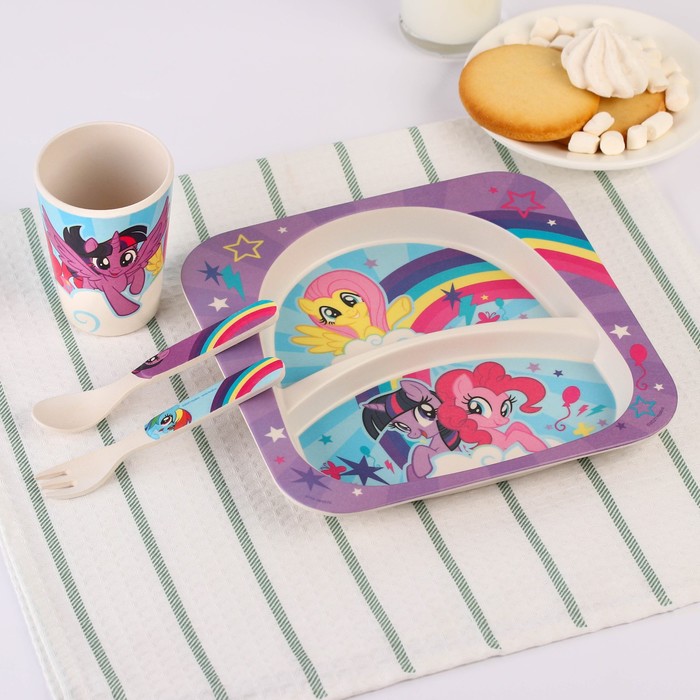 Набор детской бамбуковой посуды, 4 предмета: тарелка, вилка, ложка,стакан, My Little Pony - Фото 1