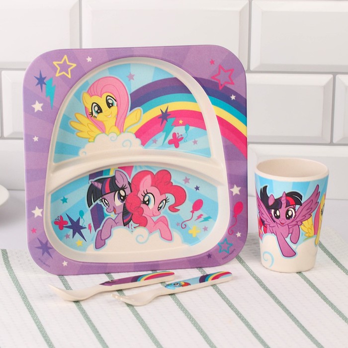 Набор детской бамбуковой посуды, 4 предмета: тарелка, вилка, ложка,стакан, My Little Pony - фото 1907804130