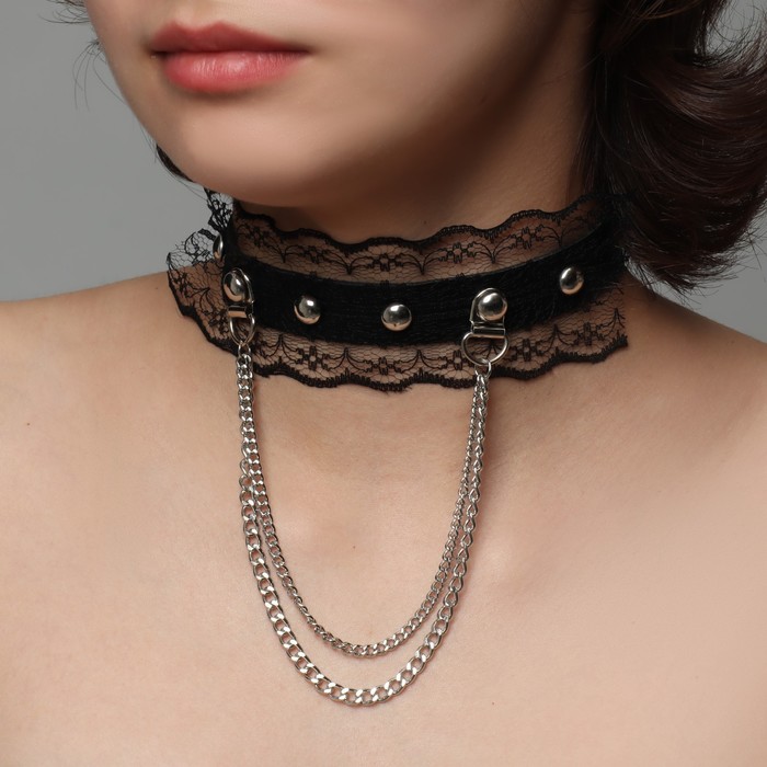 Чокер "Искушение" кружево с цепями, цвет чёрный в серебре, 40 см