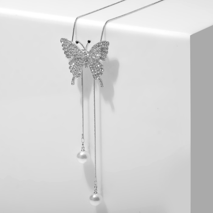 Кулон «Бабочка» с жемчугом, цвет белый в серебре, 70 см - фото 1907804373