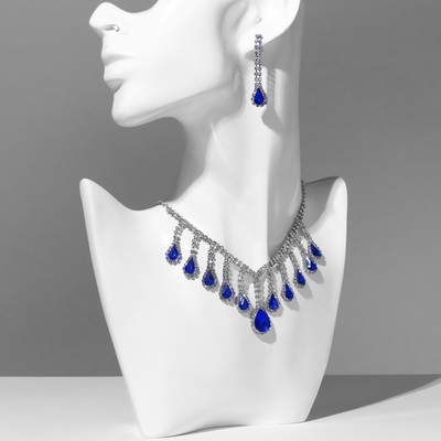 Набор 2 предмета: серьги, колье «Моник. Водопад», белый, синий в серебре, 30 см
