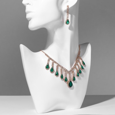 Набор 2 предмета: серьги, колье «Моник. Водопад», белый, зелёный в золоте, 30 см