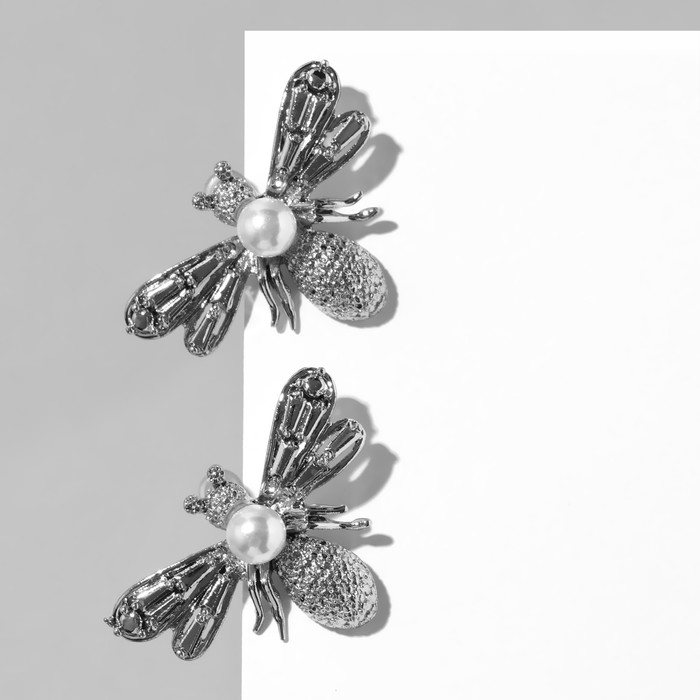 Серьги с жемчугом «Мухи» сказочные, цвет белый в серебре - Фото 1
