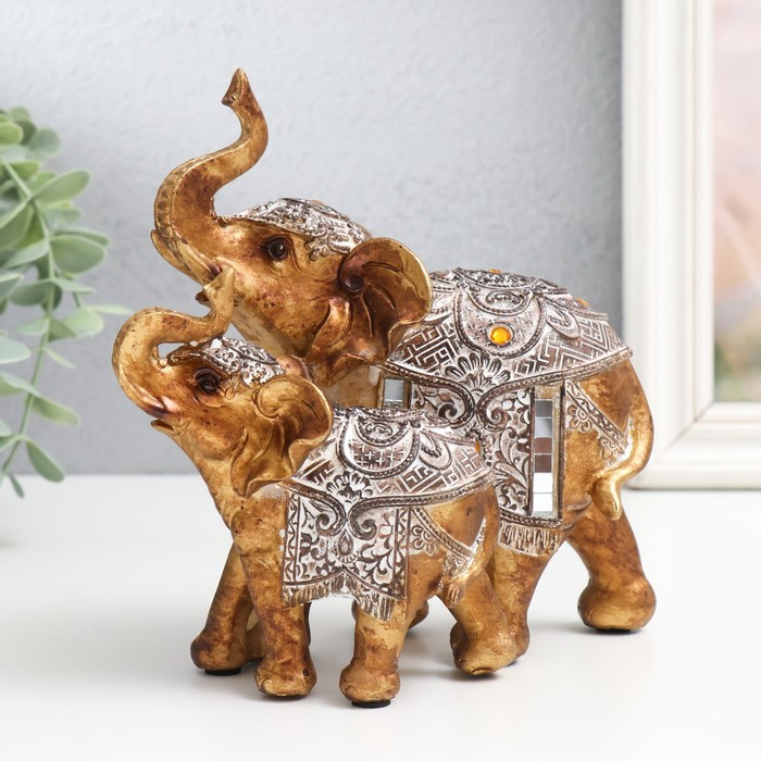 Сувенир полистоун "Слон со слонёнком - попона с узорами и янтарём" 16,5х10х17,5 см - Фото 1