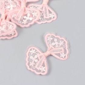 Декор для творчества текстиль вышивка "Бантик в цветочках бело-розовый" 7х5,5 см