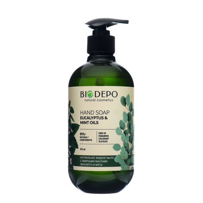 Жидкое мыло для рук натуральное Biodepo с эфирными маслами эвкалипта и мяты, 475 мл