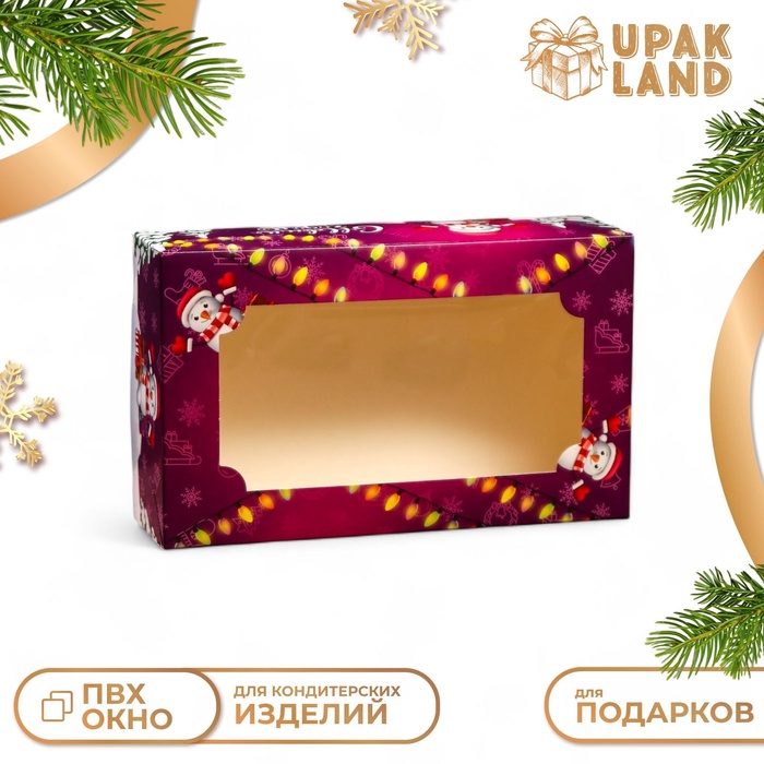 Коробка складная, подарочная новогодняя с окном под зефир «Снеговик с подарками», 25×15×7 см - Фото 1
