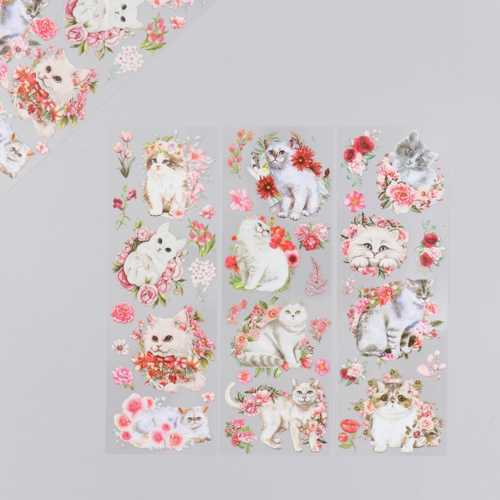 Наклейки для творчества "Белые котики и розовые цветы" набор 6 листов 18х6 см - Фото 1