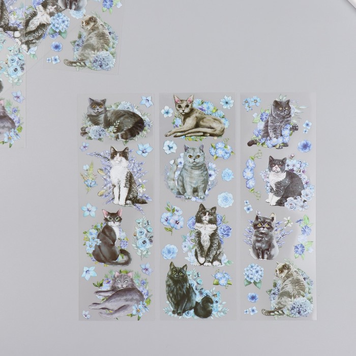 Наклейки для творчества "Серые котики и голубые цветы" набор 6 листов 18х6 см - Фото 1