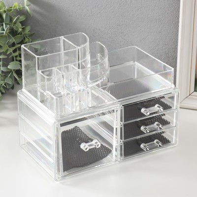 Шкатулка-органайзер для хранения мелочей, украшений 4 ящика, пластик, прозрачная, 19×14×24 см