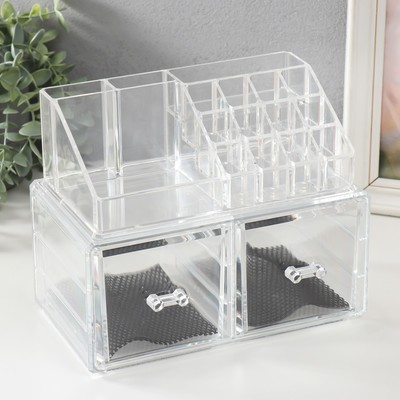 Шкатулка-органайзер для хранения мелочей, украшений 2 ящика, пластик, прозрачная, 19×24×14 см
